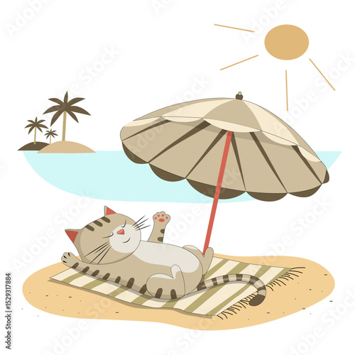 A cat under an umbrella sunbathes on the beach against the backdrop of the sea and palm trees. Vector illustration