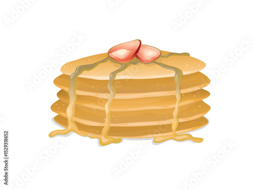 Delicious Stack of Golden Pancakes Topped with Fresh Strawberries and Sweet Syrup Drizzled Down the Sides