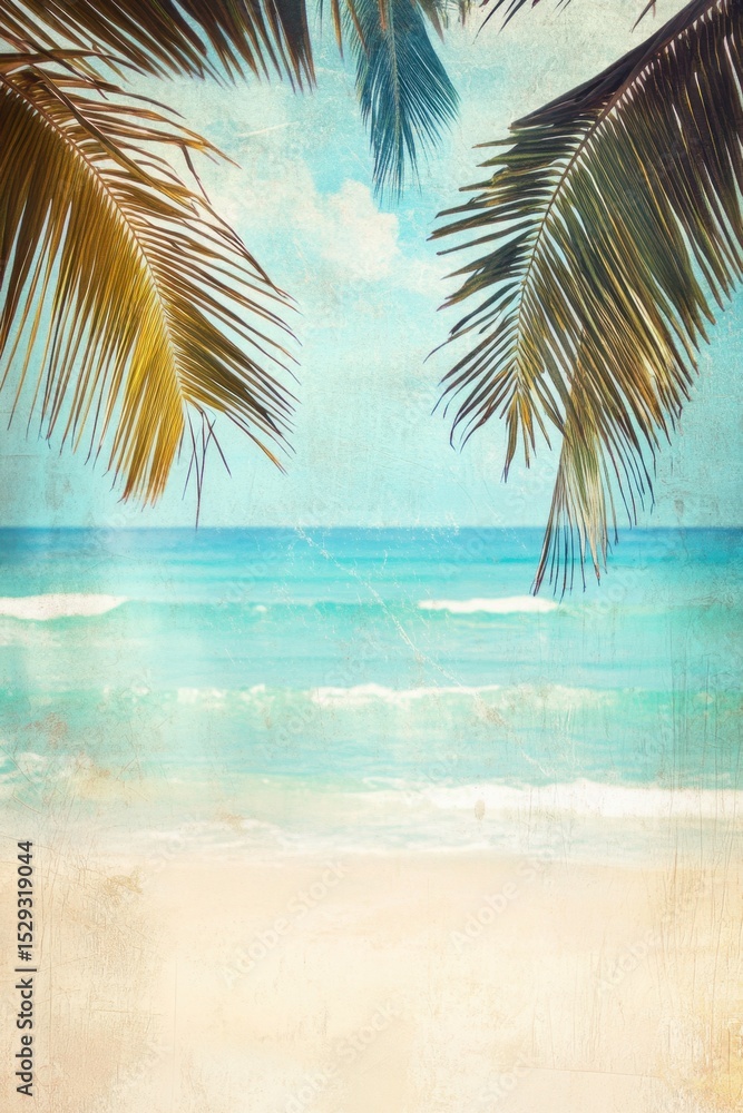 Obraz premium Tropical Beach View with Palm Trees and Ocean Waves Under Sunny Sky.