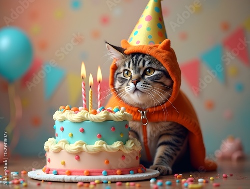 happy birthday card with a cat in a costume