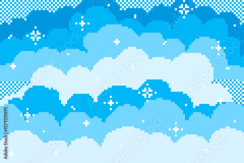 Pixel sky. Blue bright sky with snowflakes, winter clouds. Vector illustration.