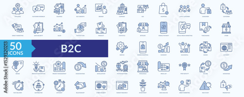B2C icon collection set with customer feedback, loyal customer, direct marketing, mobile payment, social media marketing