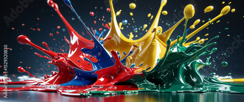 Vibrant explosions of red blue yellow and green paint splashes against dark background