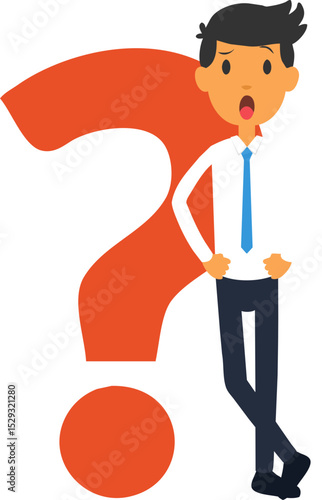 Confused Man Standing Next to a Giant Question Mark Seeking Answers