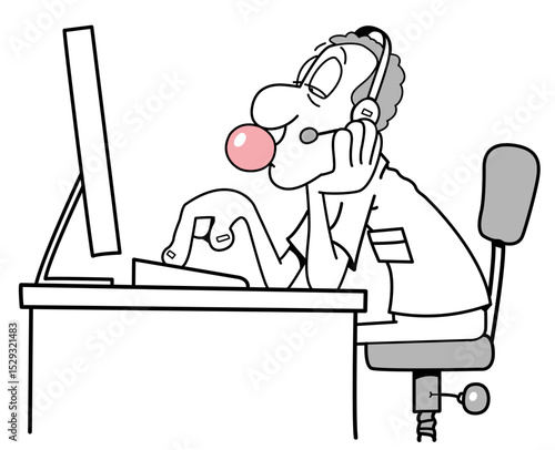 Customer service agent blowing bubblegum while working on computer and wearing headset