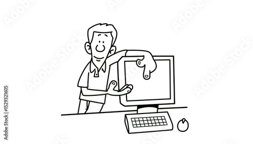 Man Showing Computer Screen With His Finger Pointing Directly At It