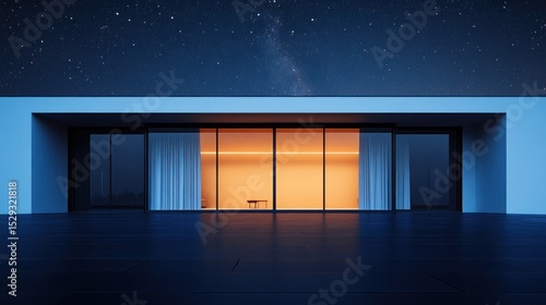 Wallpaper Mural Modern home facade at night, featuring a large windowed area bathed in warm light, under a starry sky with a milky way Torontodigital.ca
