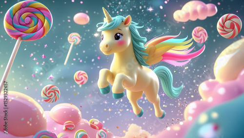 Whimsical illustration of a playful unicorn amidst a magical candy land of sweets