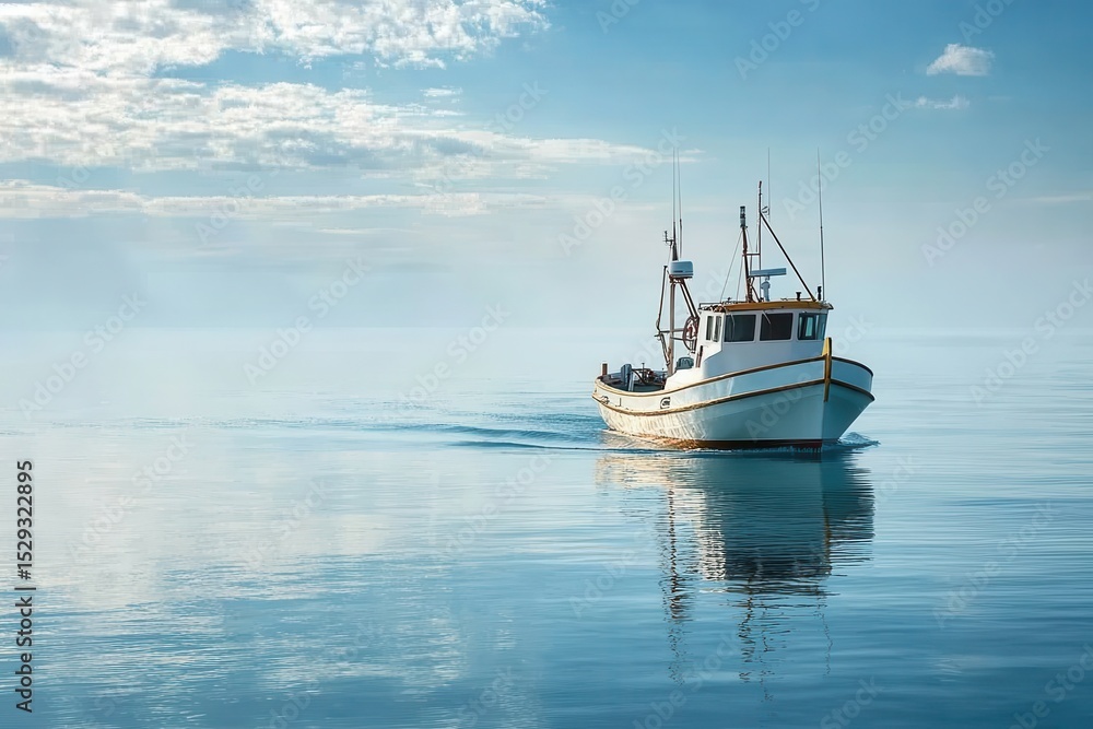 White fishing boat sails the tranquil sea, under a serene, cloud-streaked sky. Ideal for themes of peaceful travel, maritime industry, or ocean exploration. White fishing boat sails the tranquil sea, under a serene, cloud-streaked sky. Ideal for themes of peaceful travel, maritime industry, or ocean exploration.
