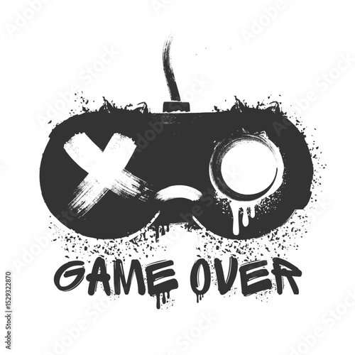 SAD gamepad and game over slogan Spray paint graffiti with grungy texture. Grunge ink graphic symbol of gamepad, joystick, controller and GAME OVER isolated on white background for printing on t shirt