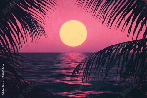 Tropical Sunset with Vibrant Pink Sky and Ocean Framed by Palm Leaves.