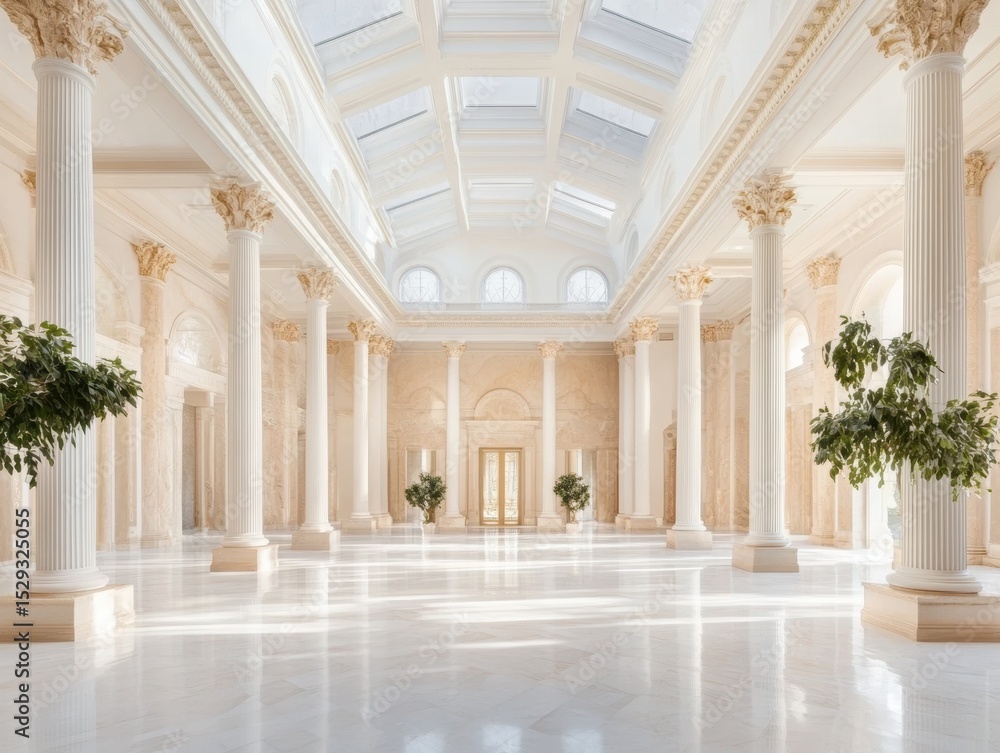 Elegant interior of a grand hall with marble floors and tall columns illuminated by natural light Elegant interior of a grand hall with marble floors and tall columns illuminated by natural light