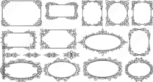 A collection of decorative vintage frames and borders in various shapes with detailed floral and ornate designs.