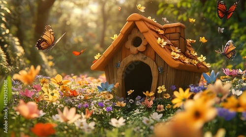 A whimsical little wooden house nestled in a vibrant flower field, with butterflies fluttering around