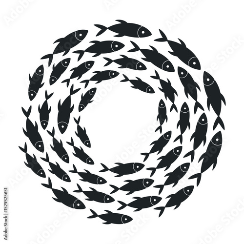 School of Fish in a Circular Pattern Black Silhouettes on White Background Marine Life Aquatic Animals Minimalist Design Vector Illustration