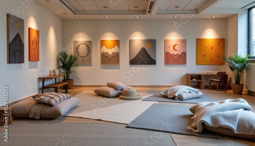 indoor space featuring soft rugs weighted blankets dim lighting and sensory wall panels offering a safe and regulated area