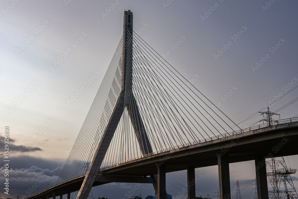 Obraz premium Flintshire Bridge stands prominently in the soft light of early morning, with its cables and concrete structure leading into the distance