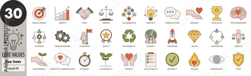 Core values - thin line icons set with colorful fill. Efficiency, sustainability, cooperation, trust, leadership, teamwork, diversity, innovation, accountability, transparency, vector illustration