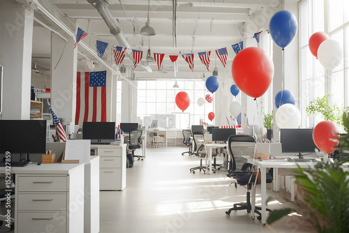 Modern office workspace decorated with red foil balloons in the shape of stars near each table, white interior, open space office, monitors on white tables. USA Independence Day, themed treats