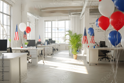 Modern office workspace decorated with red foil balloons in the shape of stars near each table, white interior, open space office, monitors on white tables. USA Independence Day, themed treats