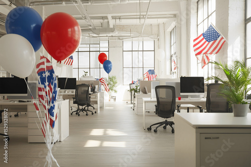 Modern office workspace decorated with red foil balloons in the shape of stars near each table, white interior, open space office, monitors on white tables. USA Independence Day, themed treats