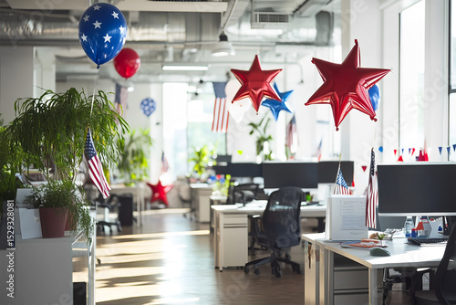 Modern office workspace decorated with red foil balloons in the shape of stars near each table, white interior, open space office, monitors on white tables. USA Independence Day, themed treats