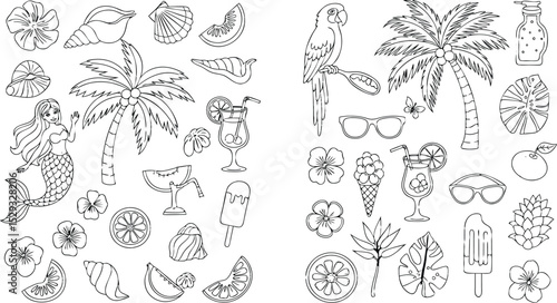 Collection of outlined summer vacation elements including parrot mermaid palm tree cocktails and ice cream