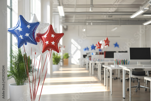 Modern office workspace decorated with red foil balloons in the shape of stars near each table, white interior, open space office, monitors on white tables. USA Independence Day, themed treats