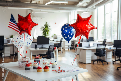 Modern office workspace decorated with red foil balloons in the shape of stars near each table, white interior, open space office, monitors on white tables. USA Independence Day, themed treats