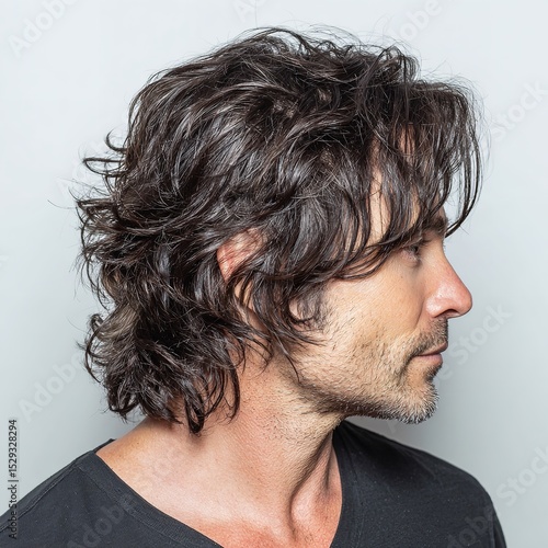 Mens long wavy hair style ideas for brunette hair men with medium length hair and a black t shirt model