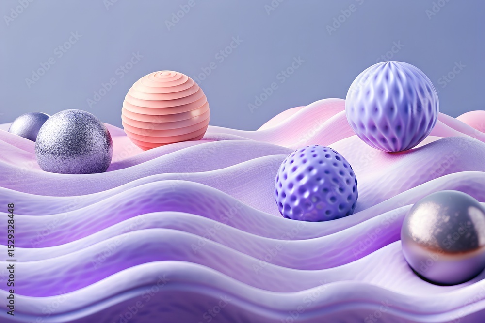 Fototapeta premium Abstract Spheres on Wavy Striped Surface – Geometric and Colorful Design, Art, Abstract, Geometric, Conceptual, Surreal