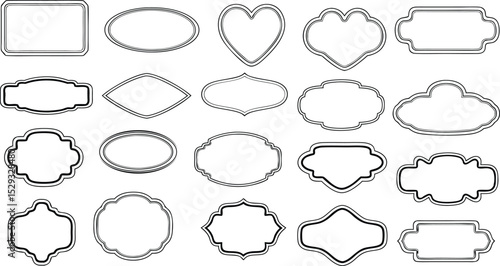 Collection of various vintage label frames in black and white outline for design projects and decoration