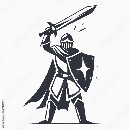 Bold knight raises his enormous sword above his head, wielding shield in victory