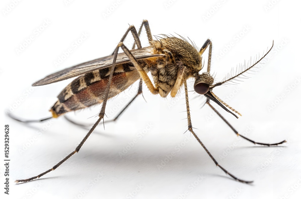 Close up of a mosquito with its proboscis visible on white Close up of a mosquito with its proboscis visible on white