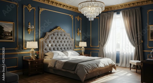 Luxurious Master Bedroom Design Elegant Blue and Gold Interior with Crystal Chandelier