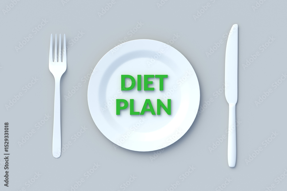 Diet plan words on plate. Weight loss program. Calories counting. Portion control. Nutrition consultation. 3d render Diet plan words on plate. Weight loss program. Calories counting. Portion control. Nutrition consultation. 3d render