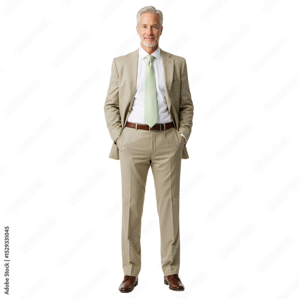 Professional in Beige Suit with Casual Pose and Friendly Smile Against White Background. Professional in Beige Suit with Casual Pose and Friendly Smile Against White Background.