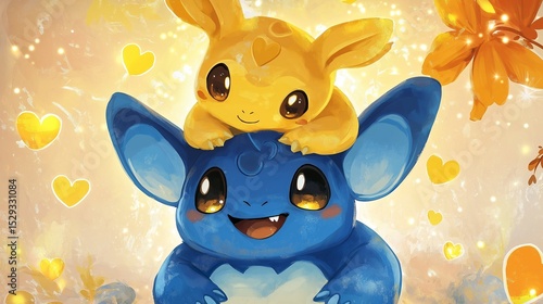 A fun and expressive digital illustration of two adorable creatures with a royal blue and golden yellow theme. 