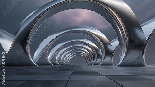 A futuristic abstract architectural composition with sleek, curved arches in a deep metallic silver and soft steel gray, arranged in an intricate overlapping design. 