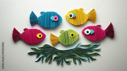 A handcrafted paper art project depicting four fish made of accordion-folded paper, arranged on a round background. 