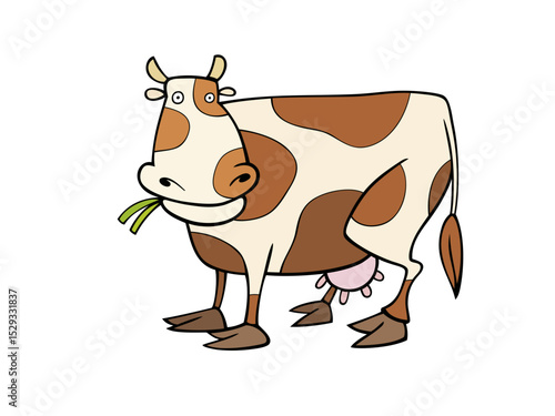 Cartoon Cow Eating Grass in a Field Illustration