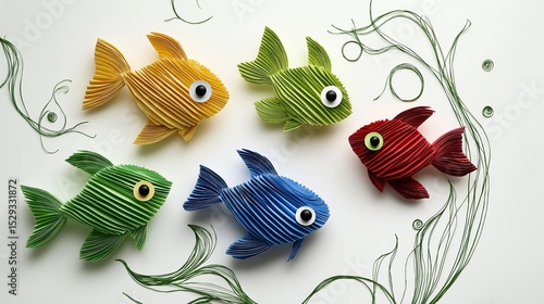 A handmade paper craft project featuring four vibrant fish made from accordion-folded paper, giving them a three-dimensional, textured look. Each fish has a googly eye.