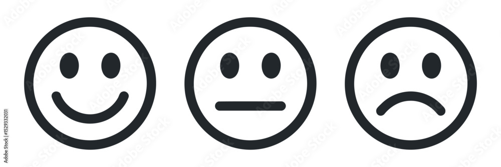 Three Basic Emoticons Showing Happy Neutral and Sad Moods in Black and White for Feedback and Survey Applications Three Basic Emoticons Showing Happy Neutral and Sad Moods in Black and White for Feedback and Survey Applications
