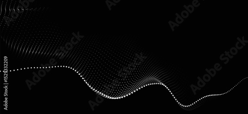 Abstract background with dynamic black and white wave. Futuristic dotted wave of bright particles on dark background. Weave effect. Background for presentation design. Wide format 3D illustration.