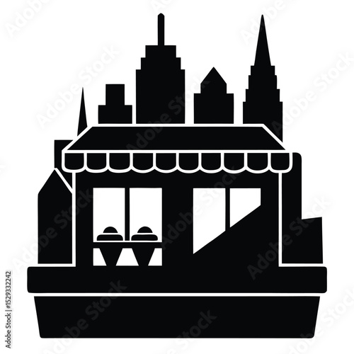 Street Food Market Stall – Urban City Silhouette Vector of Outdoor Food Shop

