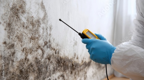 Mold inspection in residential property with professional using measuring tool on wall during daylight hours