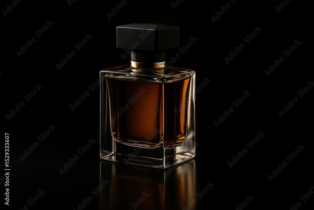 A bottle of perfume is sitting on a black background A bottle of perfume is sitting on a black background