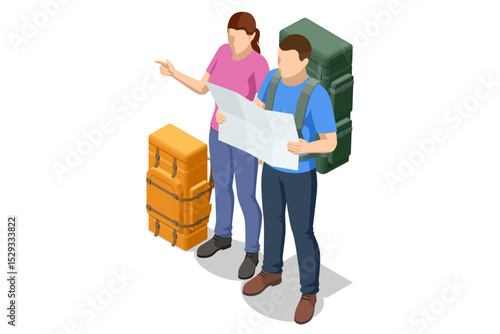 Isometric illustration of two backpackers with trekking poles studying a large topographic map dotted with location pins, planning their hiking adventure.