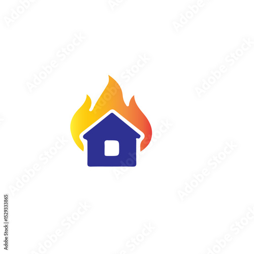 A blue house icon engulfed in vibrant orange and yellow flames against a stark white background design logo