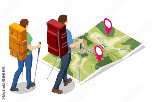 Isometric illustration of two backpackers with trekking poles studying a large topographic map dotted with location pins, planning their hiking adventure.